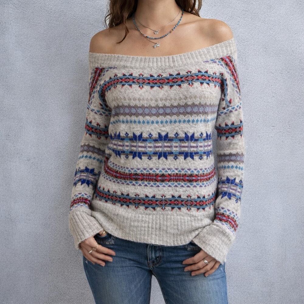 American Eagle Fair Isle Off Shoulder Knit Boho Pullover Sweater Small